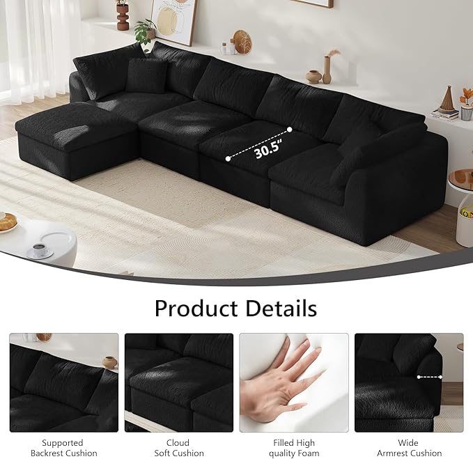 138" Boneless Cloud Couch Modular Sectional Sofa with Deep Seat for Living Room, L Shape Couch with Ottoman, Snowflake Cloth and 40D Memory Sponge，2 Throw Pillows (Black, 4 Seater+1 Ottoman)