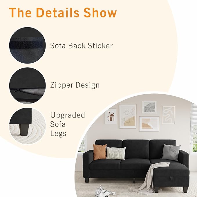 Sectional Sofa and Couches for Living Room, 78'' Black 3 Seat L-Shaped Couch with Movable Ottoman, Comfy Velvet Convertible Sectionals Sofas with Chaise for Apartment, Office, Small Space