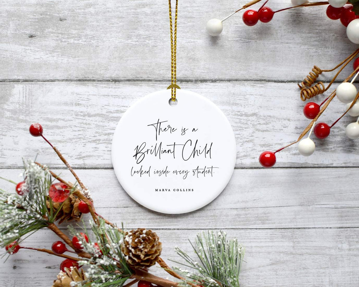 Andaz Press Round Ceramic Porcelain Christmas Tree Ornament for Teacher Thank You Appreciation Graduation Gift, There is A Brilliant Child Locked Inside Every Student. Marva Collins, 1-Pack