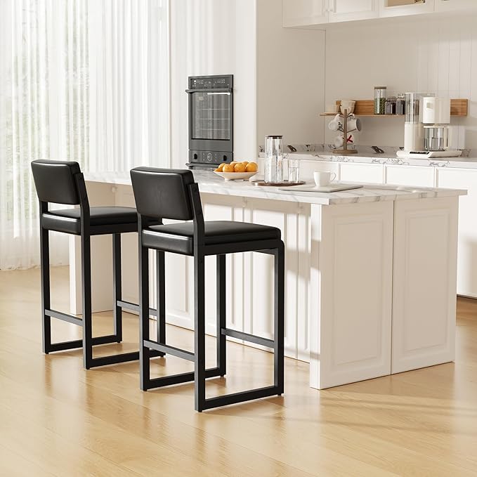 Bar Stools Set of 3, Faux Leather Counter Height Bar Stools with High Back and Metal Legs, Upholstered Bar Chairs, 26" Modern Barstools for Kitchen Island, Black