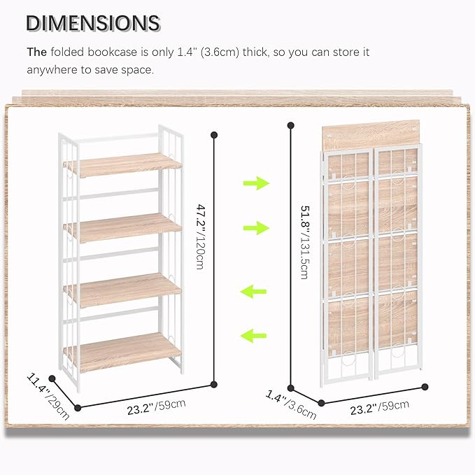 4NM No Assembly 4 Tiers Folding Bookshelf, 47.2" H Foldable Storage Shelves Vintage Bookcase Standing Racks Study Organizer Home Office - Natural White