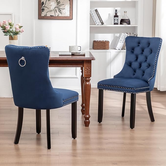 Velvet Dining Chairs Set of 6, Tufted Dining Room Chairs with Nailhead Ring Pull Trim, Upholstered Dining Chairs with Solid Wood Legs for Kitchen Dining Room, Sillas De Comedor (Blue)
