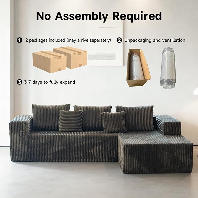 Upgrade 108’’ L Shape Cloud Couch, Plush Corduroy Sectional Sofa with Chaise, Boneless Couches for Living Room Bedroom, No Assembly Required (Khaki, Right Facing Chaise)