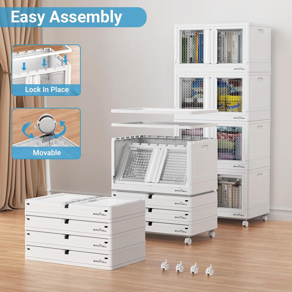 400Qt Stackable Storage Bins with Lids, 100Gal Closet Organizers and Storage Drawer, Plastic Collapsible Storage Bins with Doors, Heavy Duty Store Box Cabinet for Home Kitchen, 4Pack White