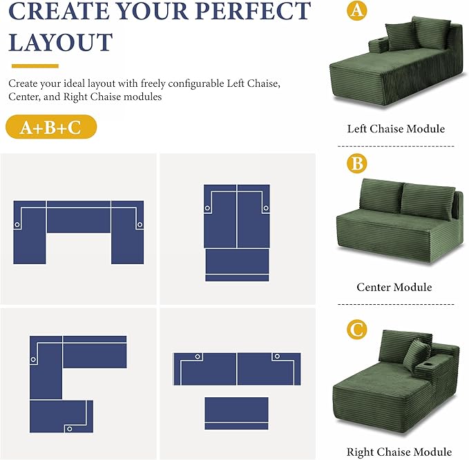 134''Oversized Modular Sectional Sofa Boneless Cloud Couch with Chaise Comfy Sectional Couches for Living Room,Bedroom,Apartment (Green, 134''W U-Shaped)