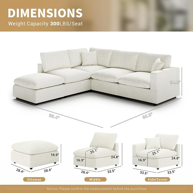 Modern Sectional Linen Couch for Living Room V-Shape Sofas,5 Seat Modular Cloud Sofas,Couches Cushion Covers Removable,Cozy Feather Down Sofa for Apartment Cream White