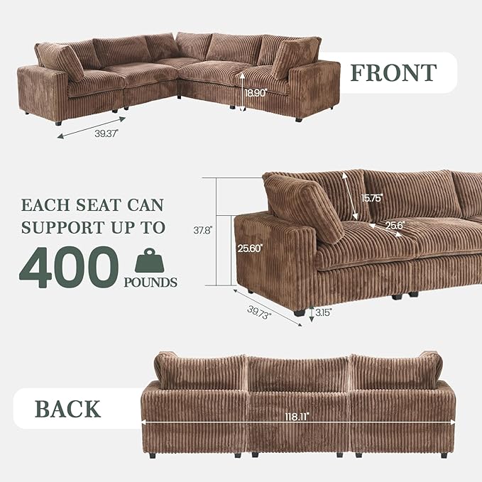 Modular Sectional Couch, Convertible L Shaped Sofa for Living Room, Deep Seat Cloud Sectional Couch, 5 Seat Comfy Modular Sofa, Cushion Covers Removable, Brown