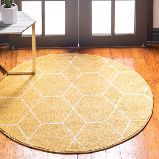 Unique Loom Trellis Frieze Collection Area Rug - Geometric (8' Round, Yellow/ Ivory)