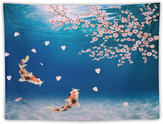 Japanese Koi Fish Tapestry, Cherry Blossoms Asian Oriental Blue Floral Branch Koi Fish Carp Tapestries Wall Hanging for Bedroom Living Room Office Decor 40"x30"