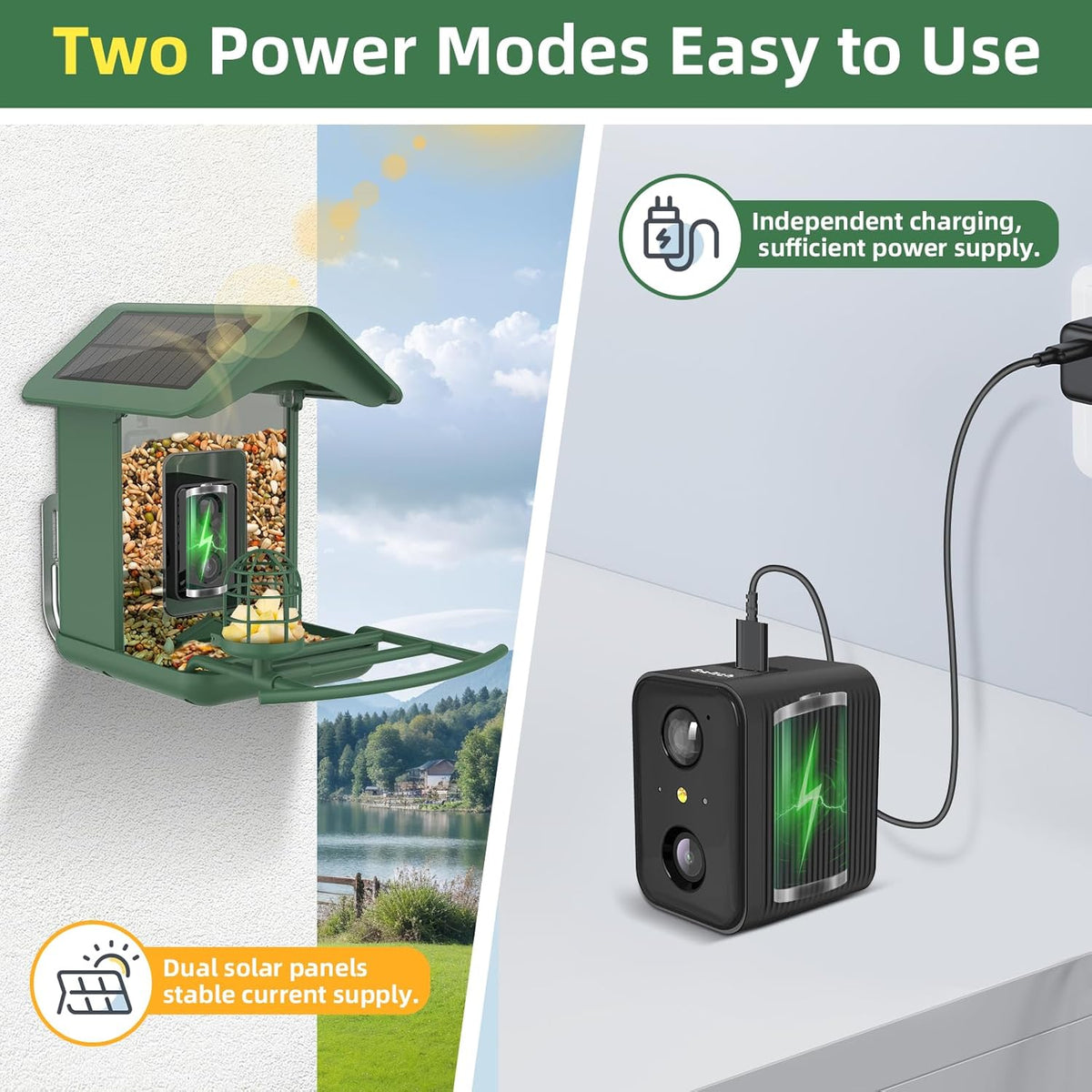 Smart Bird Feeder with Camera, AI Species Identify, Dual Solar Powered Birdfeeder Cam for Outside IP65 with 2.4GHz WiFi, 2K HD Auto Capture Birds Video for Bird Lover (Green)