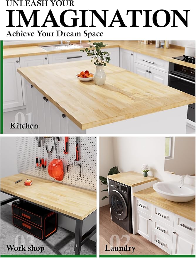 6FT Butcher Block Countertop Birch Solid Wood - 72" x 25" Table Top Butcher Block Cutting Board for Kitchen Island Living Dining Table Office Desk Workbench Washer Dryer Countertop Unfinished 1.5" Th