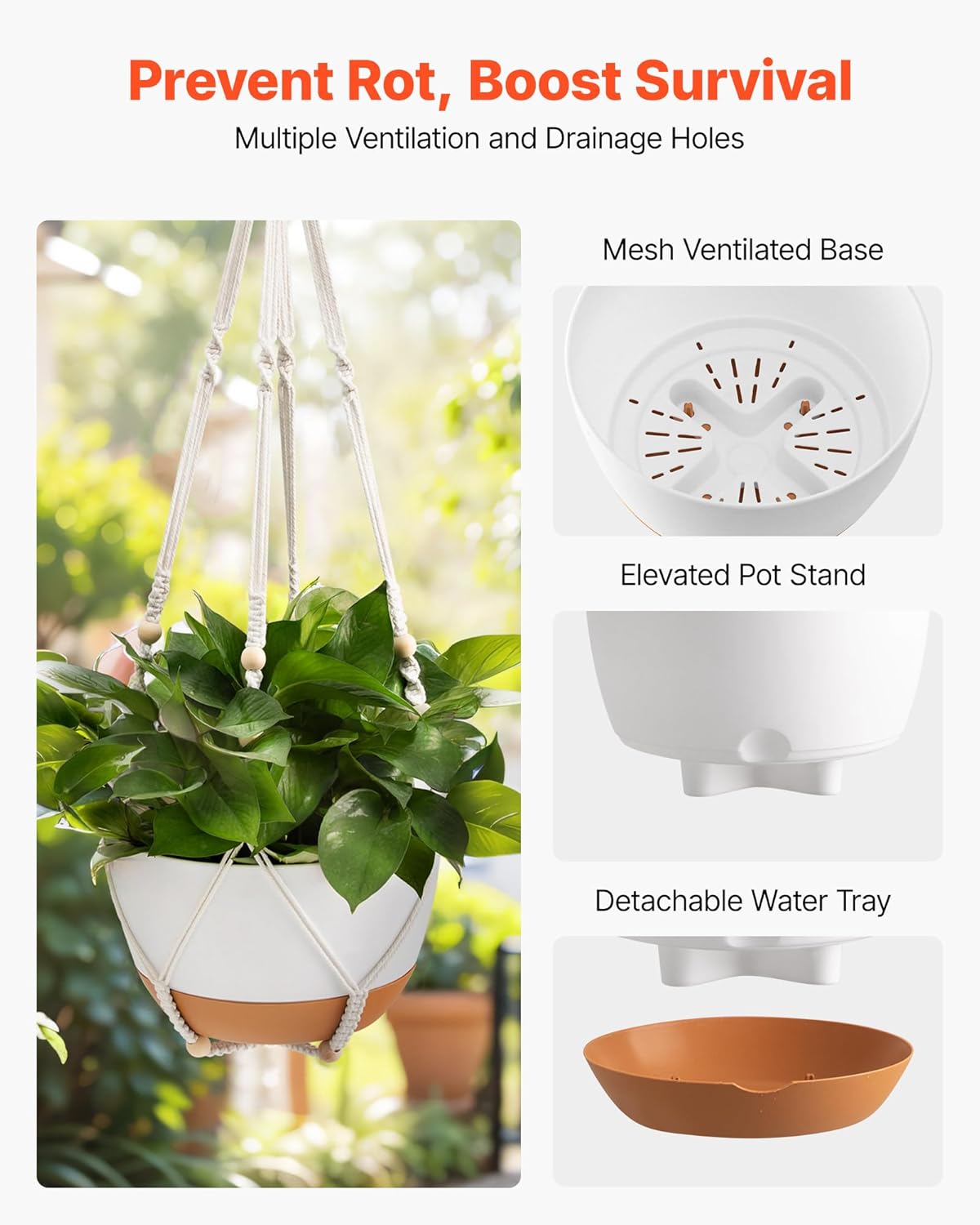 VEVOR Hanging Planters, 10 Inch Self-Watering Hanging Planter, 2 Pack Flower Pots with Drainage Hole & 2 Kinds of Plant Hangers, Plastic Basket Pots, for Garden Home Decor, Indoor & Outdoor Plants