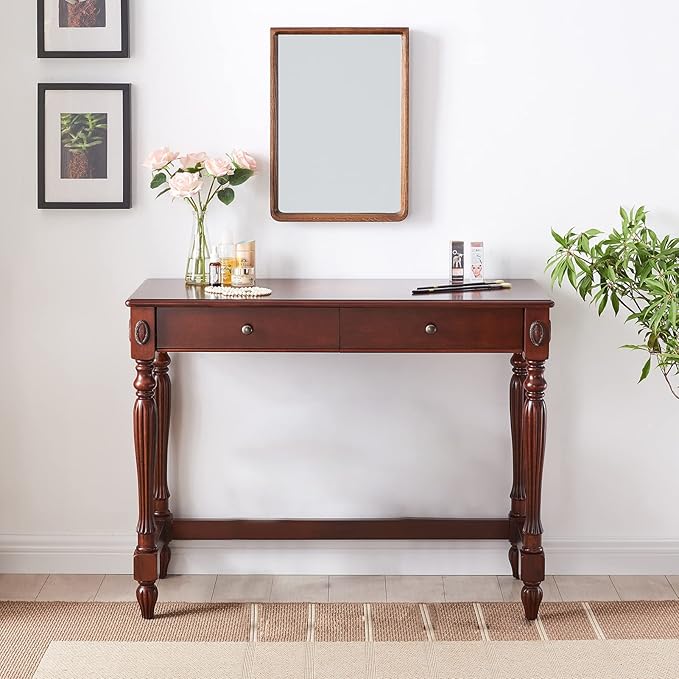 Solid Wood Computer Writing Desk with 2 Big Drawers 39.4" Wide Home Office Desk Workstation Small Rustic Study Table Furniture in Cherry for Home Office Bedroom Living Room, SSZ-1533WD