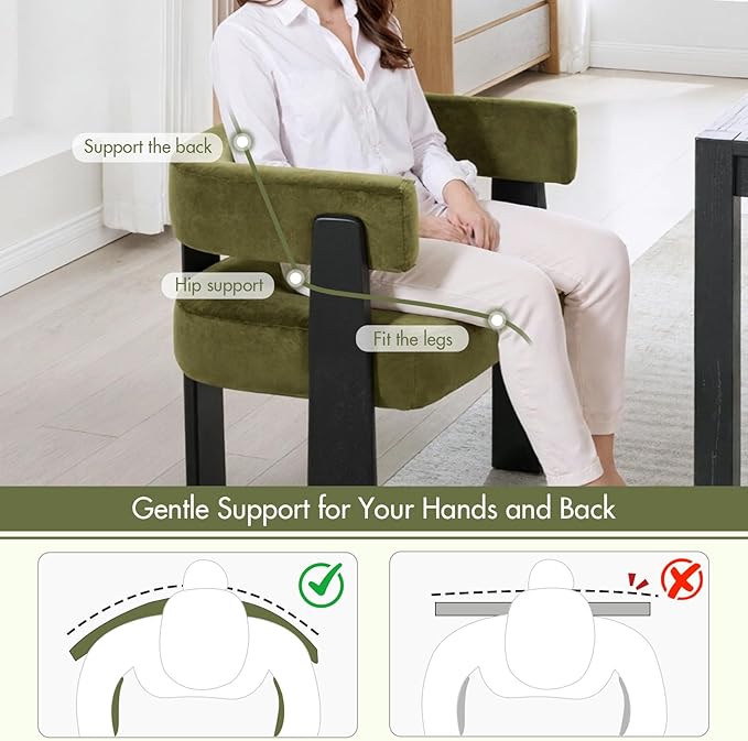 Modern Dining Chairs Set of 2, Upholstered Velvet Barrel Accent Chairs with Backrest & Arms, Wide and Thicker Padded Kitchen Side Chair with Wooden Legs for Dining Room, Livingroom, Dark Green