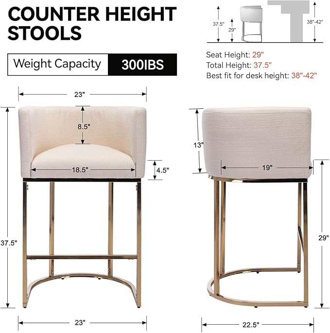 Contemporary Cream Linen Bar Stools Set of 2, 29" Upholstered Fabric Counter Height Barstools Kitchen Counter Island Stools with Screwed Together Golden Metal Base