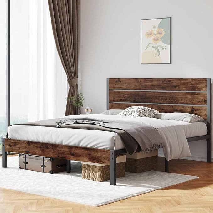 Queen Bed Frame with Headboard and Footboard, with Under Bed Storage, All-Metal Support System, No Box Spring Needed, Easy Assembly,Rustic Brown