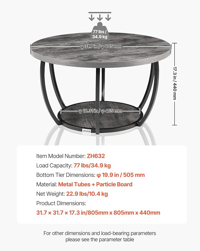 VEVOR Coffee Table, Modern Round Coffee Table, 2 Tiers Wooden Circle Center Desk with Open Storage, Minimalist Sturdy Metal Frame Accent End Desk for Living Room, Office, Easy Assembly, Grey