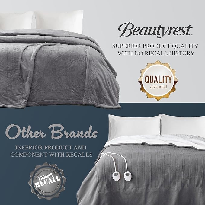 Beautyrest Heated Electric Blanket for Cold Weather, Fast Heating Heated Blanket, Auto Shut Off, Virtually Zero EMF, Multi Heat Setting, UL Certified, Grey King (90 inx100 in)