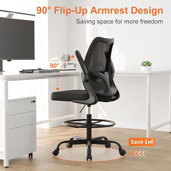 Tall Office Chair for Standing Desks,High Desk Drafting Chair with Adjustable Footrest Ring,Ergonomic Lumbar Support,Flip-Up Armrests for Home Office,Black