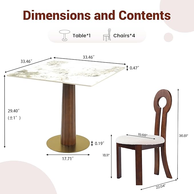 Sintered Stone Square Office Table and Chair Set - Meeting Table for Small Offices (Dark Brown Leg and Pandora Top, 1 Table and 4 Chairs)