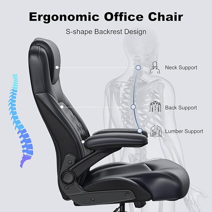 Ergonomic Executive Office Chair for Big & Tall - 500lbs Capacity with Lumbar Support & Flip-Up Armrests, Heavy Duty PU Leather Computer Desk Chair, Black