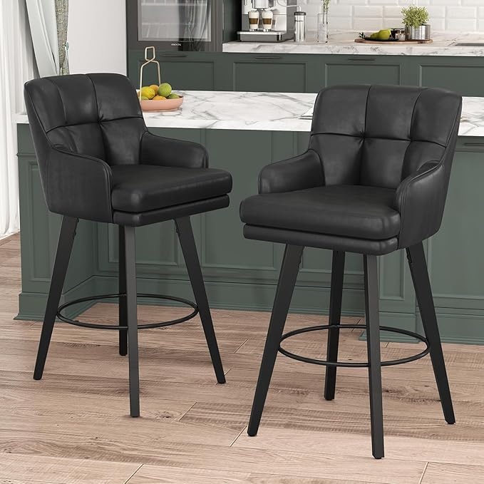 360°Swivel Counter Height Bar Stools with Back, 30 inch Solid Wood Legs, Bar Stool Modern Kitchen Island Chairs, Faux Leather (Black- Faux Leather, 30" H- Set of 4)