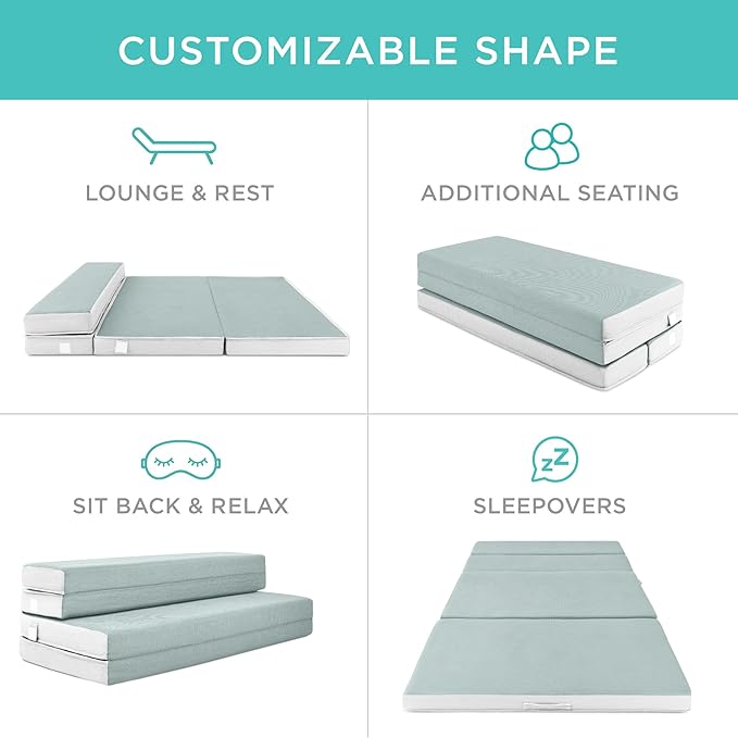 Best Choice Products 4in Portable Queen-Size Mattress, Tri-Fold Mattress for Camping, Guest, Toddler, Foam Plush w/Carry Case - Seafoam
