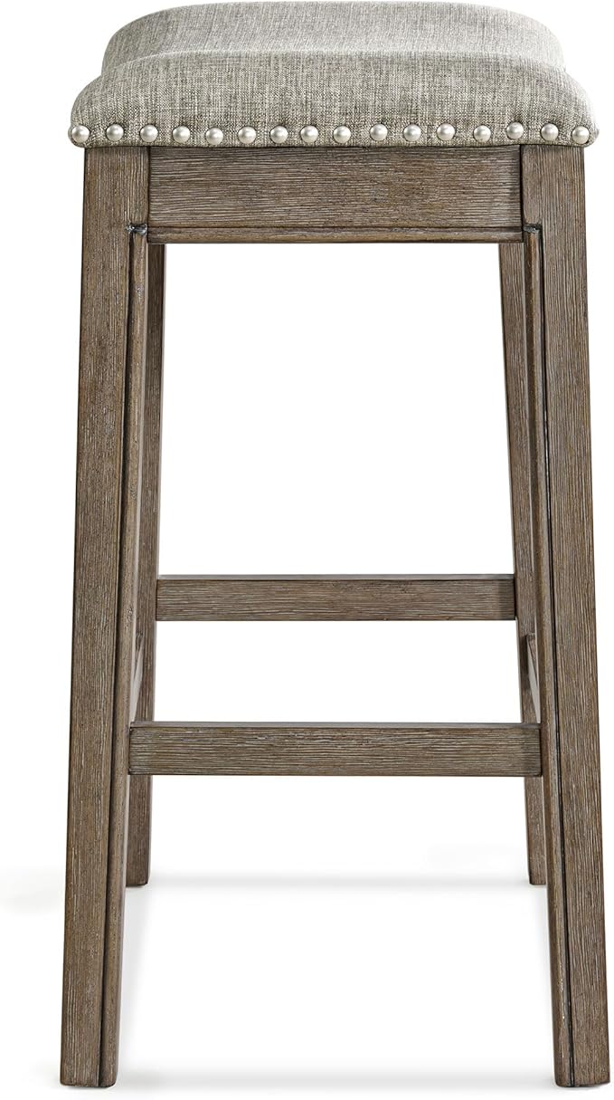 ROME + OAK Set of 4 Parker 26 Inch Counter Stool, Backless Saddle Kitchen Barstool in Walnut Finish with Grey Fabric Upholstery Cushion Seat