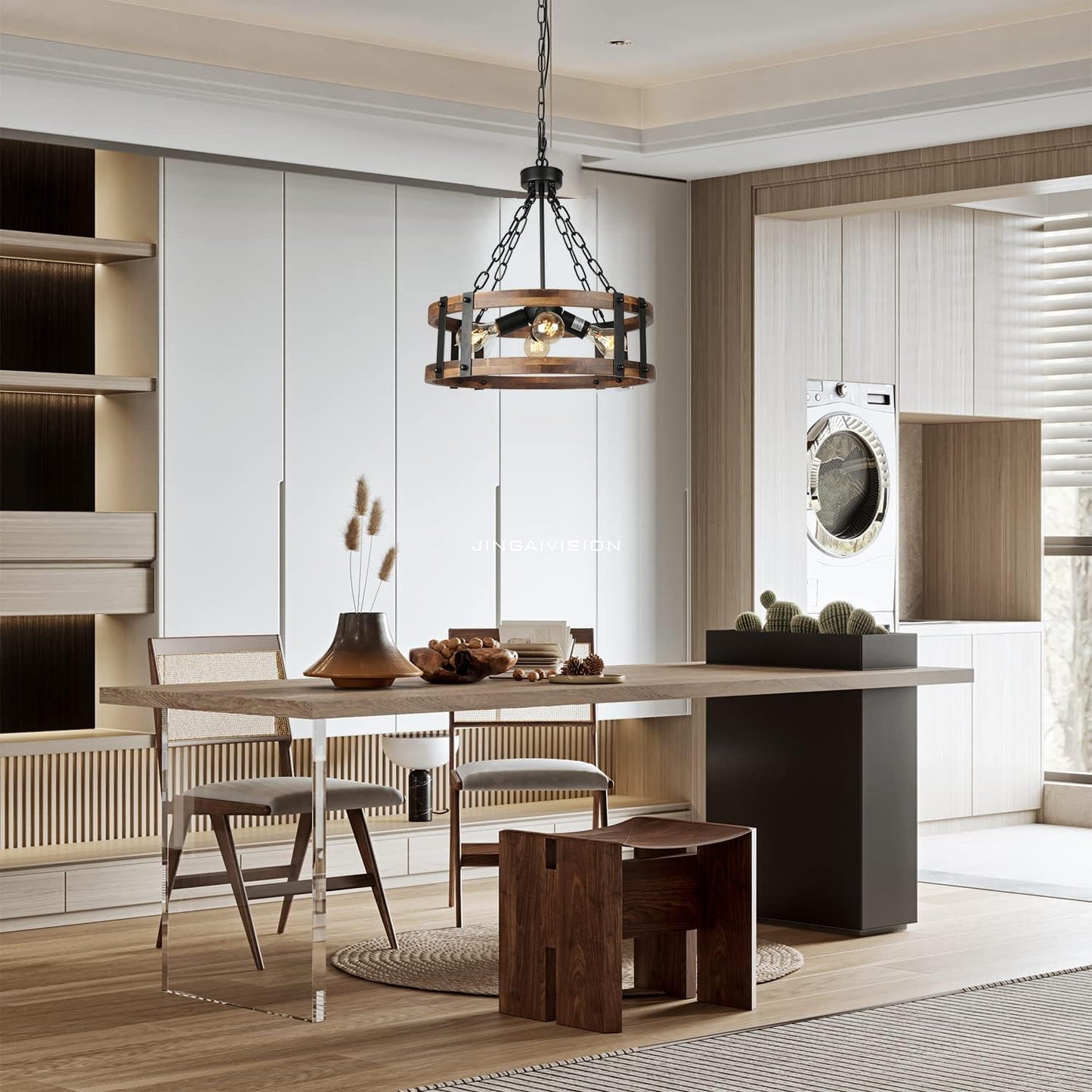 Farmhouse Rustic Wood Chandelier, 4-Light Industrial Drum Chandelier for Dining Room Vintage Pendant Hanging Light Fixture with Black Metal Accent for Kitchen Living Room Dining Area