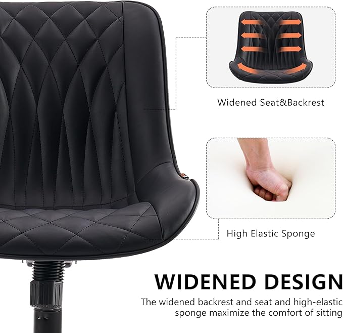 YOUNIKE Black Home Office Desk Chair Armless Comfy Small Ergonomic Rolling Vanity Chair with Wheels Wide Swivel Adjustable Modern Task Chair Back Cute Leather Upholstered Sewing Drafting Chair No Arms