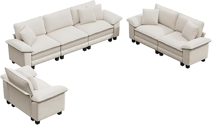 PHI VILLA Cloud Modular Couches Sets, 3 Pieces Sectional Sofa Set with Loveseats, 6-Seater Upholstered Couch for Living Room Small Spaces, Chenille Corduroy Dual Fabric, Beige