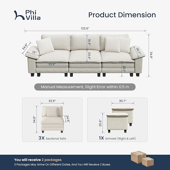PHI VILLA Modern Modular Couches Sets, 123.6" Cloud Sectional Sofa with Upholstered Deep Seat, 3-Seater Couch for Living Room Small Spaces, Chenille Fabric, Beige