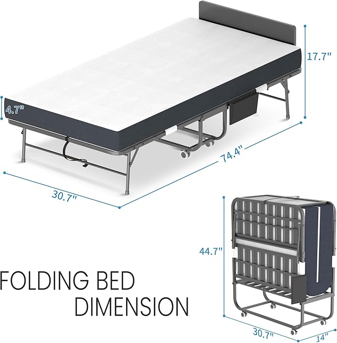Folding Bed with Mattress for Adults, 75" x 31" Foldable Bed with Headboard and Side Pocket, Twin Size Metal Bed Frame with Wheels, Portable Rollaway Bed for Guest, Travel