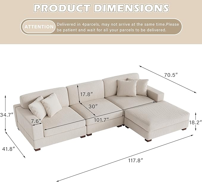 Modular Sectional Couches for Living Room, 118" Modern Upholstered Sofa Couche with Ottoman for Living Room Bedroom, Beige