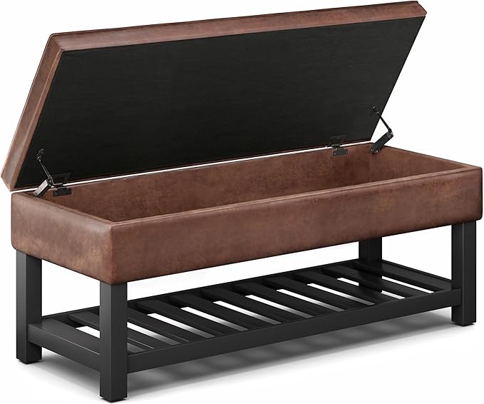 SIMPLIHOME Cosmopolitan Storage Ottoman Bench - 44 inch Wide Upholstered Vegan Leather Rectangle Storage Ottoman in Distressed Saddle Brown, Transitional Bench for Bedroom with Tufted Lift-Top