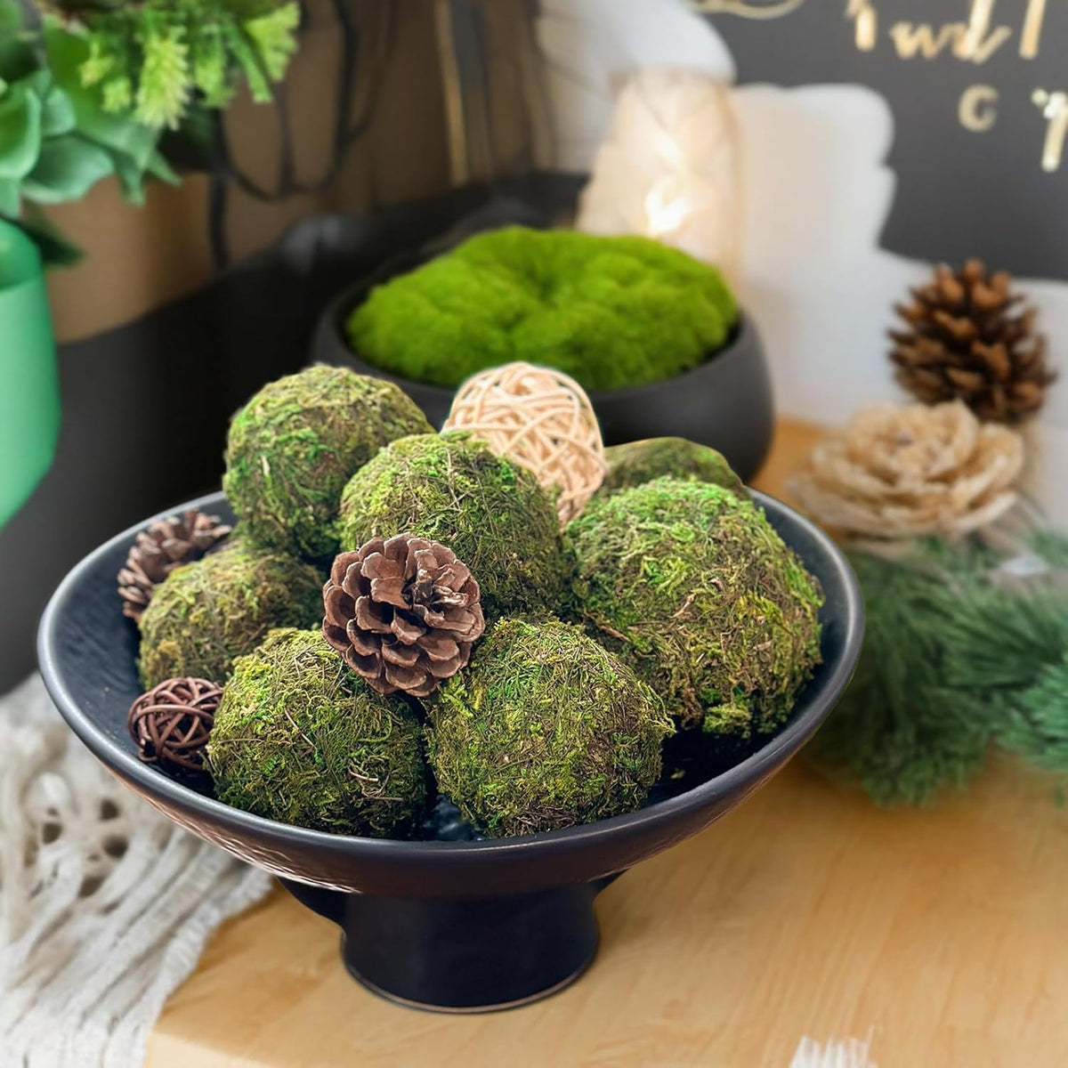 NAHARO Elegant Black Ceramic Bowl with Moss Ball Set-10 Decorative Bowl with 16pc Decorative Balls for Farmhouse Table Centerpiece, Living Room or Home Decor