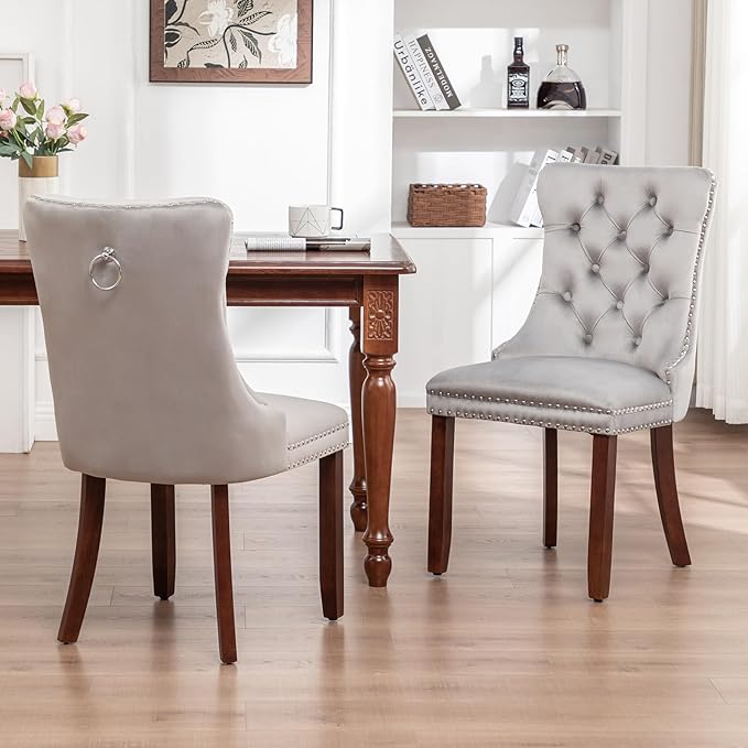 Velvet Dining Chairs Set of 6, Tufted Dining Room Chairs with Nailhead Ring Pull Trim, Upholstered Dining Chairs with Solid Wood Legs for Kitchen Dining Room (Light Grey)