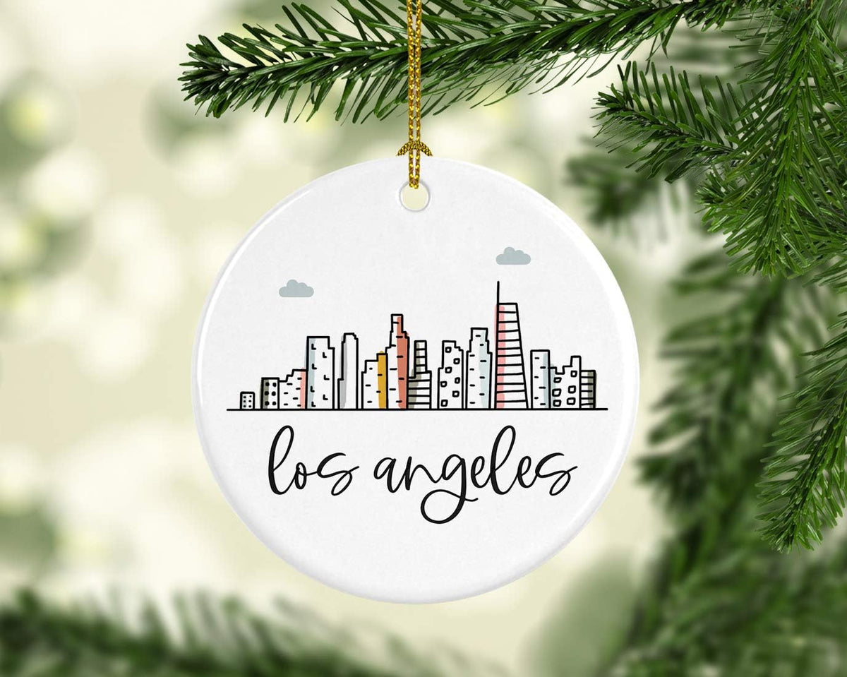 Andaz Press Round Ceramic Porcelain Christmas Tree Ornament Keepsake Gift, Los Angeles, Colorful City Skyline Graphic, 1-Pack, Birthday Ideas Family Coworker Him Her, Includes Gift Box