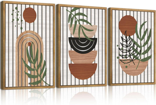 Large Boho Mid Century Wood Wall Art Set Modern Bohemian Wooden Wall Decor Minimalist Leaf Art Decor Abstract Geometric Wall Sculptures for Living Room Bedroom Office-16x24Inchx3