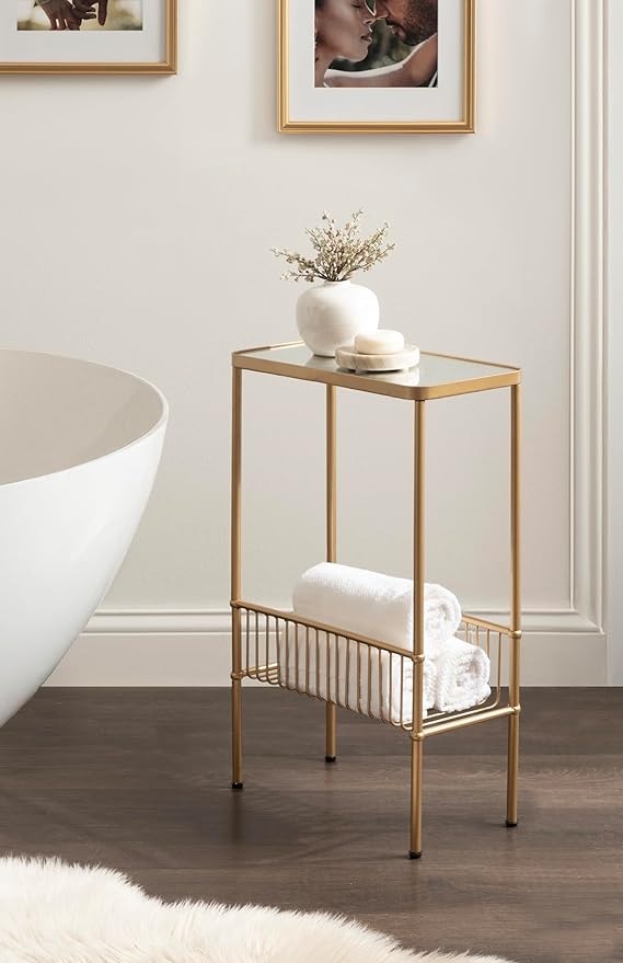 Kate and Laurel Trubey Modern Mirrored Rectangle Narrow Side Table, 16 x 8 x 25, Gold, Modern Glam Slim End Table with Bottom Wire Storage Rack and Mirrored Tabletop