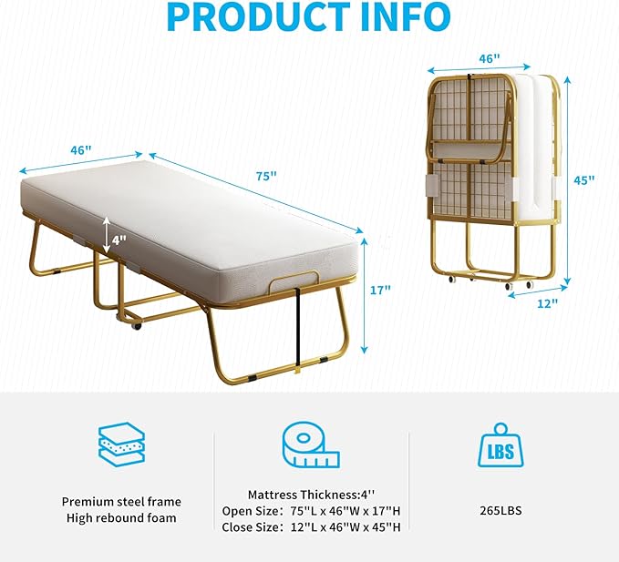 Mjkone Folding Bed with 4" Memory Foam Mattress for Guests – Single Rollaway Bed, Space-Saving Portable Design, Lockable Wheels & Easy Assembly, 75" x 46" Foldable Guest Bed Frame (Gold)