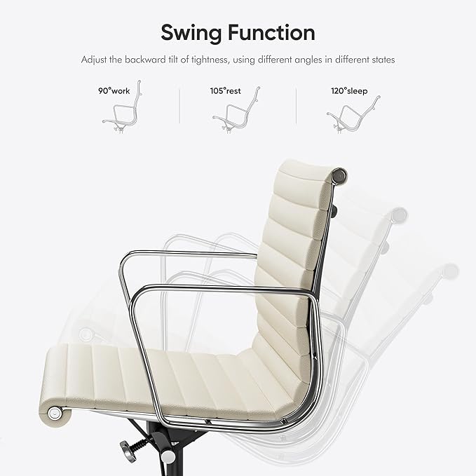 Ribbed Office Chair with Top Grain Leather - Mid Back Ergonomic Desk Chair with Aluminum Arms & Frame, Swivel Wheels & Tilt Function, Adjustable Height