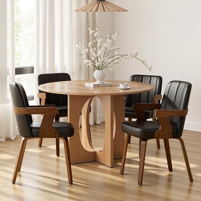 Kitchen Dining Chairs Set of 4, Faux Leather Upholstered Dining Room Chairs with Wood Arms and Legs, Mid Century Modern Kitchen Side Chair for Living, Bedroom, Restaurant, Walnut/Black