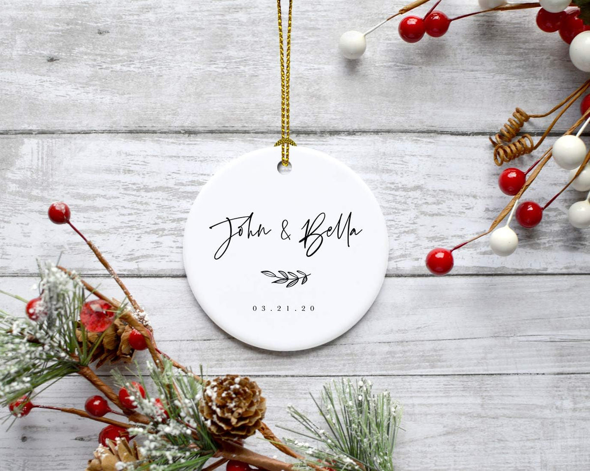 Andaz Press Personalized Round Ceramic Porcelain Christmas Tree Ornament Engagement Keepsake Collectible Gift, John & Olivia 03.21.20, Antique Handdrawn, 1-Pack