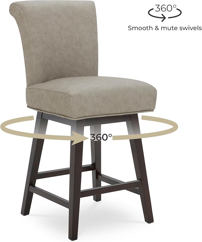 CHITA 26 Inch Counter Height Swivel Bar Stools Set of 4, FSC Certified Modern Upholstered Faux Leather Swivel Barstool Chair with Back, Stone Grey