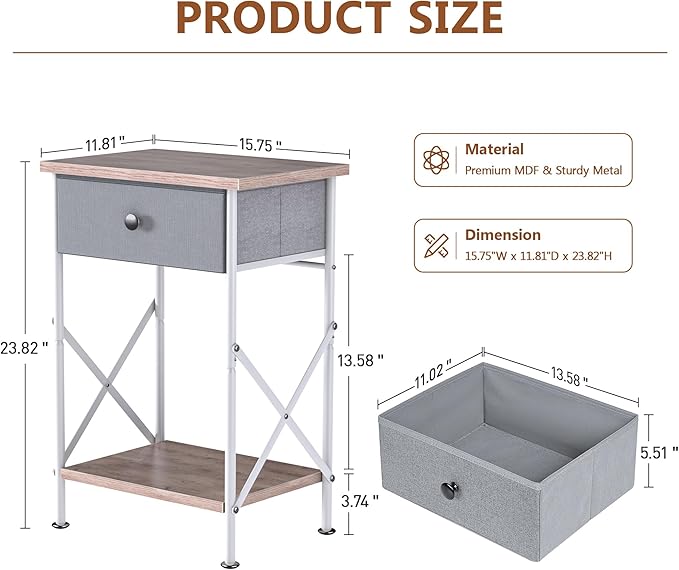 VECELO End Tables, Modern Nightstand with Fabric Drawer & Open Shelf, Night Stand for Bedroom Living Room, Industrial Metal Frame, Easy Assembly, Light Brown,1 Pack