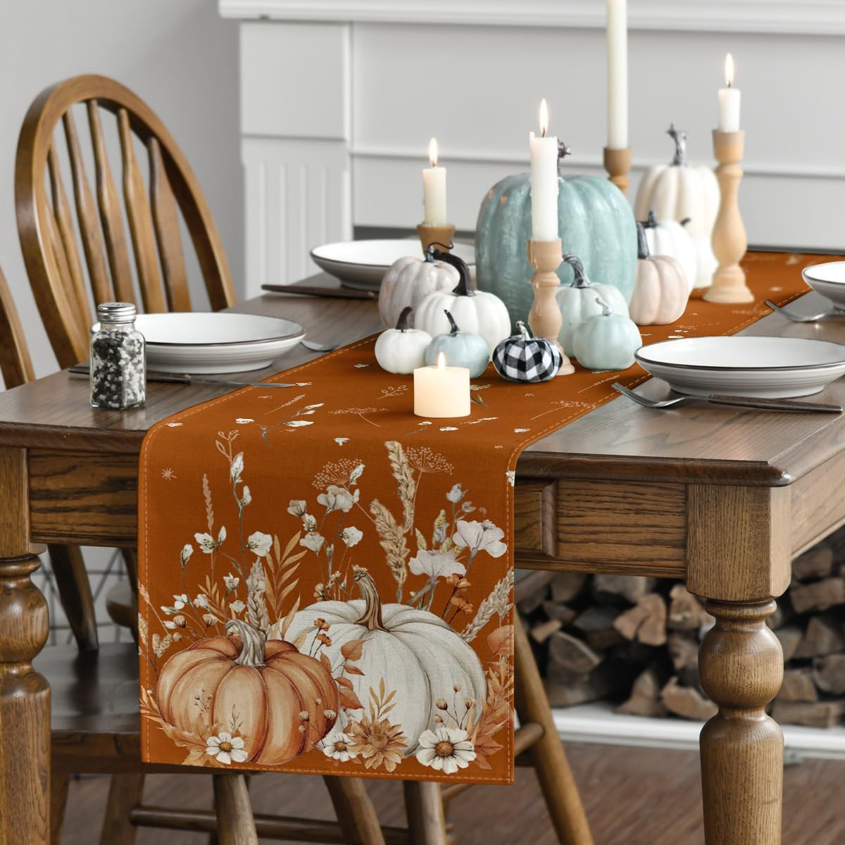 Artoid Mode Orange Pumpkins Leaves Flowers 210 GSM Fall Table Runner, Seasonal Autumn Kitchen Dining Table Decoration for Home Party Decor 13x120 Inch