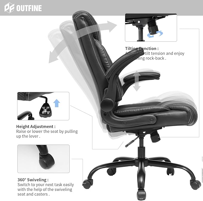 OUTFINE Flip-up Arms Office Chair 300lbs Executive Chair Swivel Office Chair with hydrolysis-Resistant Leather Spring Cushion Thick Padding and Ergonomic Design (Black, Flip Arm Medium)