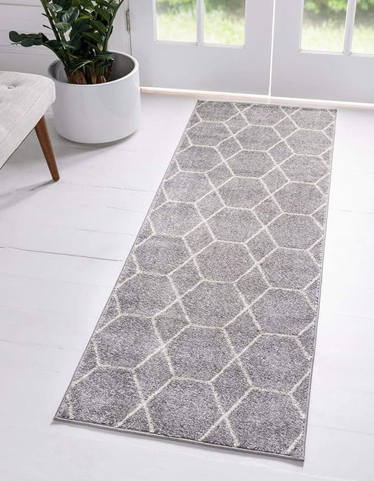 Unique Loom Trellis Frieze Collection Area Rug - Geometric (2' x 13' 1" Runner, Light Gray/ Ivory)