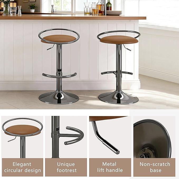 Bar Stools Set of 2, Adjustable Swivel Counter Height Barstools with Upholstered Seat, PU Leather Counter Stools for Bar, Kitchen Island, Dining Room, Gloss Black